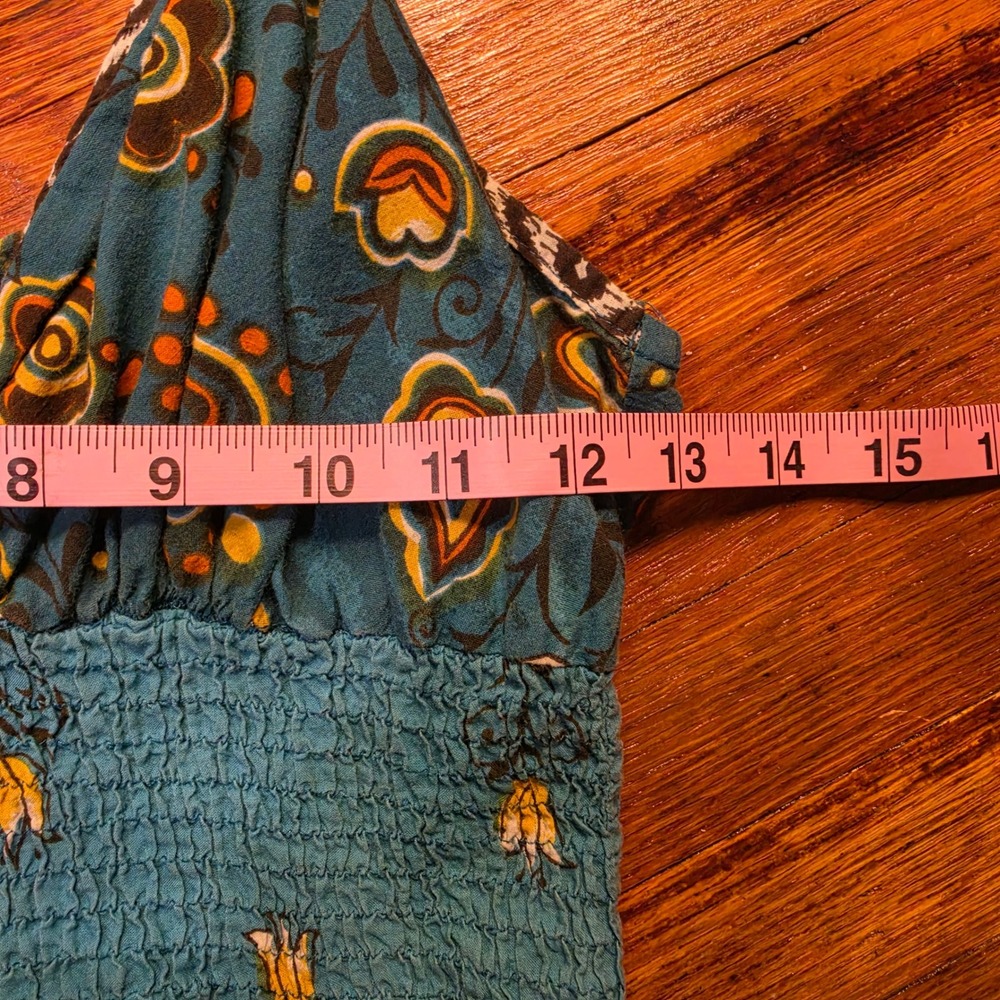 Y2K Shescool Teal Blue Floral Paisley Boho Smocked Waist Cotton Mini Sundress M - Picture 2 of 4